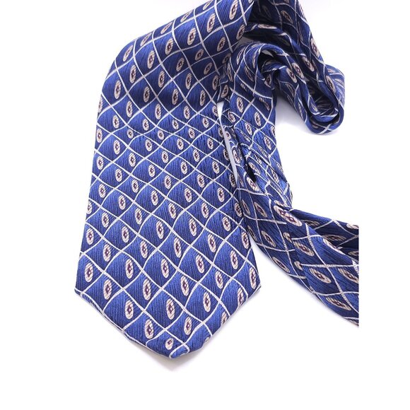 Daniel Hechter Mens Silk Necktie In Blue & White Geometric Pattern - Picture 1 of 13